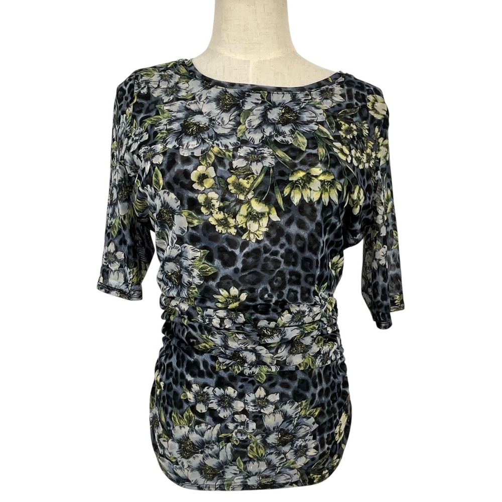 White House Black Market Mesh Floral Leopard Ruched Top Blue Grey Womens‎ Small